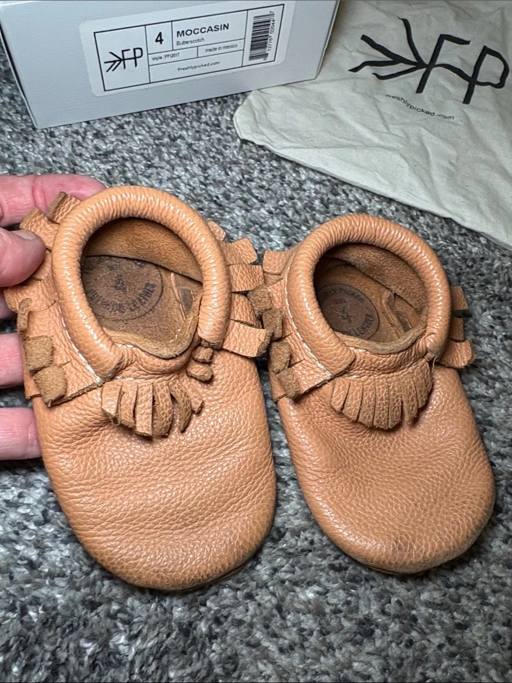 Freshly Picked Tan Moccasin Baby Shoes with Fringe